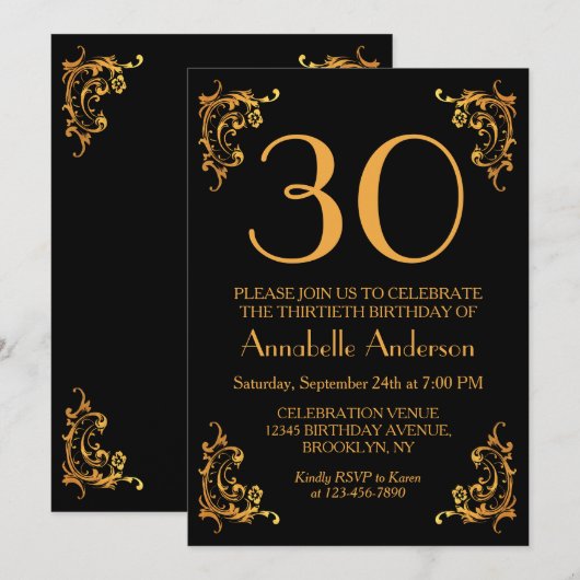 30歳の誕生日を飾るモダンなゴールドとブラックのヴィンテージスタイル 招待状 (正面/裏面)