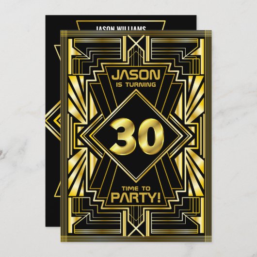 30歳の誕生日アールデコ金ゴールドBlack 素晴らし Gatsby 招待状 (正面/裏面)