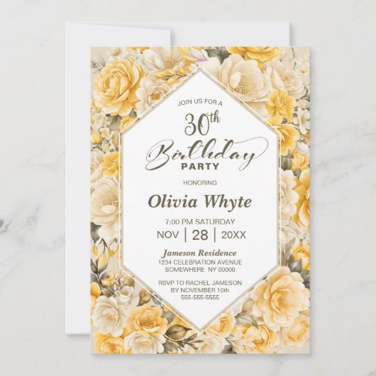 30歳の誕生日イエローフローラパーティー 招待状 (正面)