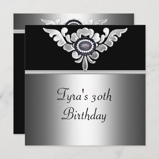 30歳の誕生日エレガント黒銀白色ジュエル 招待状 (正面/裏面)