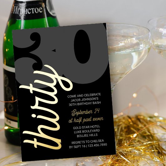 30歳の誕生日オーバーサイズ30スクリプト黒金ゴールド 箔招待状