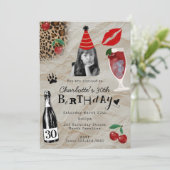 30歳の誕生日カスタム写真チェリー＋ヒョウ柄 招待状 (スタンド正面)