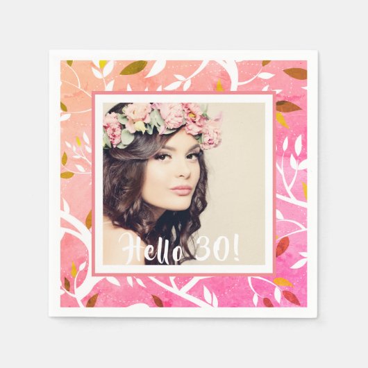 30歳の誕生日カスタム写真ピンクの植物 スタンダードカクテルナプキン (正面)