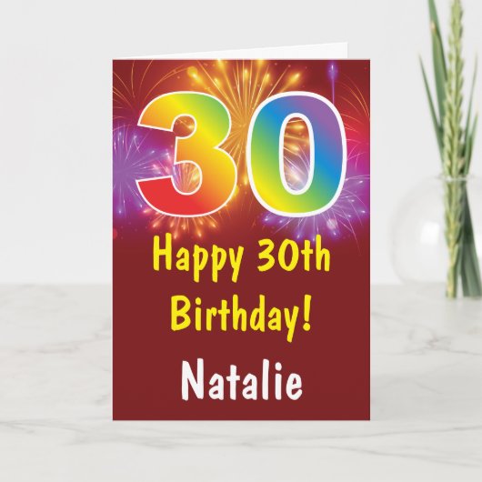 30歳の誕生日カラフル虹の花火赤 カード (正面)