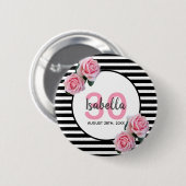 30歳の誕生日ガーリーピンクのバラ白黒ストライプ 缶バッジ (正面&裏面)