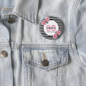 30歳の誕生日ガーリーピンクのバラ白黒ストライプ 缶バッジ (インサイチュ)