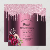 30歳の誕生日グリッタードリップブルゴーニュ花模様ピンク 招待状 (正面/裏面)