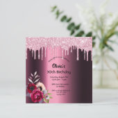 30歳の誕生日グリッタードリップブルゴーニュ花模様ピンク 招待状 (スタンド正面)
