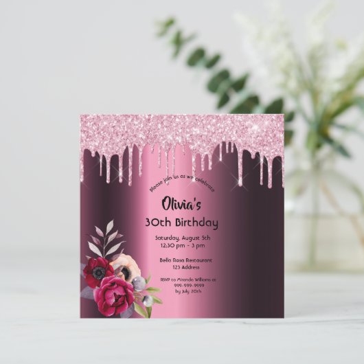 30歳の誕生日グリッタードリップブルゴーニュ花模様ピンク 招待状 (スタンド正面)