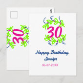 30歳の誕生日グリーン ブルー 花輪 名前 日付 ラスティック ポストカード (正面/裏面)