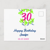 30歳の誕生日グリーン ブルー 花輪 名前 日付 ラスティック ポストカード (裏面)