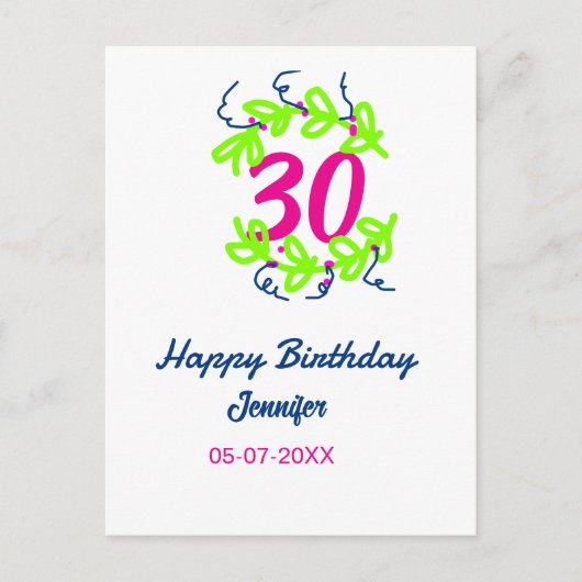 30歳の誕生日グリーン ブルー 花輪 名前 日付 ラスティック ポストカード (正面)