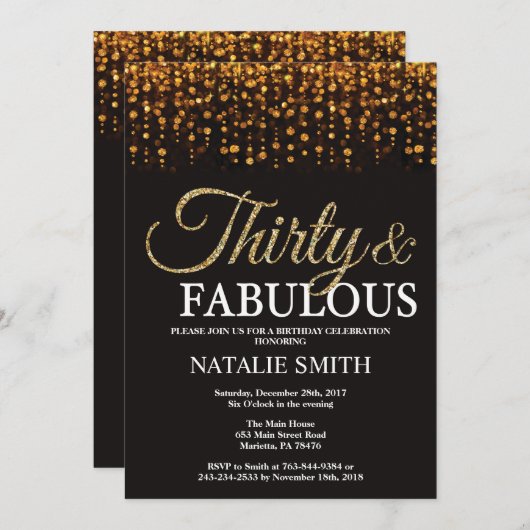 30歳の誕生日サーティー&素晴らしい金ゴールドグリッター 招待状 (正面/裏面)