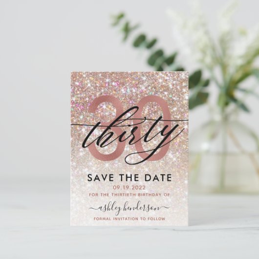 30歳の誕生日シック·グリッターの日グラデーション付を保存 案内ポストカード (スタンド正面)
