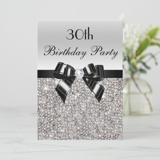 30歳の誕生日シルバーシークインブラックボウダイヤモンド 招待状 (スタンド正面)