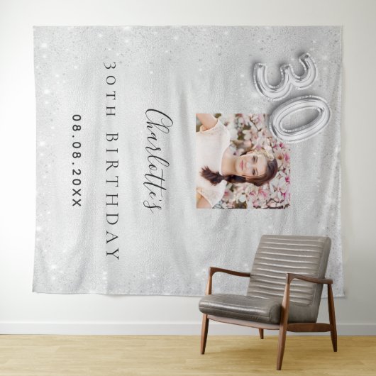 30歳の誕生日シルバー写真グリッターウェルカム タペストリー (インサイチュ(横))