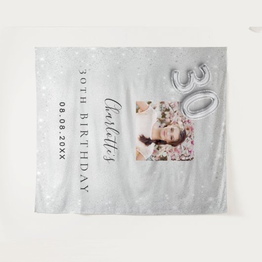 30歳の誕生日シルバー写真グリッターウェルカム タペストリー (正面(横))