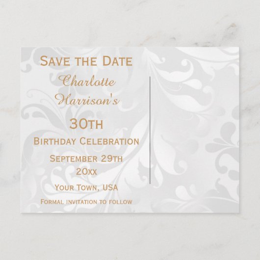 30歳の誕生日ダマスクとフェイク弓の日付を保存 案内ポストカード (裏面)