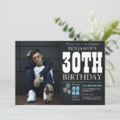 30歳の誕生日チョークボードブルーバルーンフォト素朴ー 招待状 (スタンド正面)