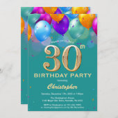 30歳の誕生日ティール(緑がかった色)と金ゴールド吹きカラフル出し 招待状 (正面/裏面)