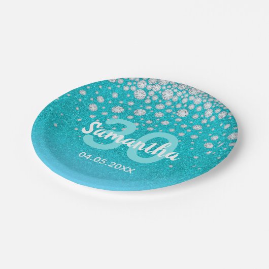 30歳の誕生日ティール（緑がかった色）ブルーグリーングリッター名 ペーパープレート (アングル)