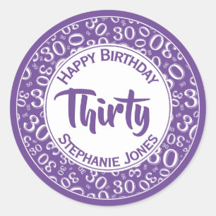 30歳の誕生日ナンバーパターン紫/白30 ラウンドシール