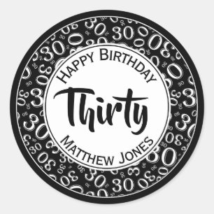 30歳の誕生日ナンバーパターン黒/白30 ラウンドシール