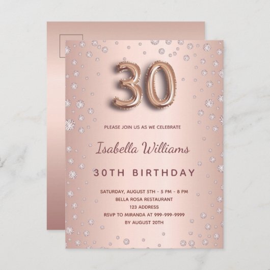 30歳の誕生日バラ金ゴールドエレガント ポストカード (正面/裏面)