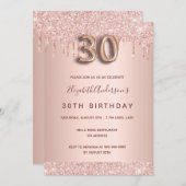 30歳の誕生日バラ金ゴールドグリッターはピンクのガラスを乾燥 招待状 (正面/裏面)
