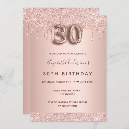30歳の誕生日バラ金ゴールドグリッターはピンクのガラスを乾燥 招待状 (正面/裏面)