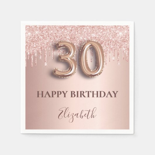 30歳の誕生日バラ金ゴールドグリッターピンクバルーンスタイル スタンダードカクテルナプキン (正面)