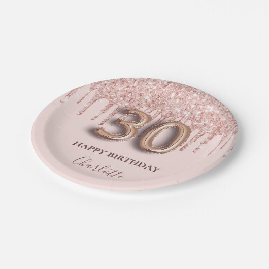 30歳の誕生日バラ金ゴールドグリッターピンクバルーンスタイル ペーパープレート (アングル)