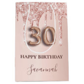 30歳の誕生日バラ金ゴールドグリッターピンクバルーンスタイル ミディアムペーパーバッグ (正面)