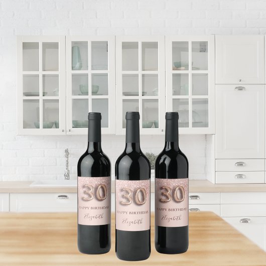 30歳の誕生日バラ金ゴールドグリッターピンクバルーンスタイル ワインラベル