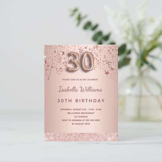 30歳の誕生日バラ金ゴールドピンクの風船の台本 ポストカード (スタンド正面)