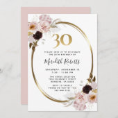 30歳の誕生日バラ金ゴールド金属フローラパーティー 招待状 (正面/裏面)