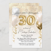 30歳の誕生日バルーン大理石金ゴールドグリッター 招待状 (正面/裏面)