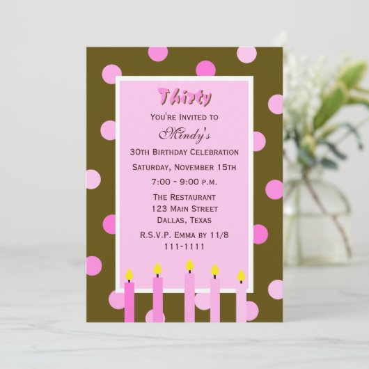 30歳の誕生日パーティの招待状- – ピンク水玉模様 招待状 (スタンド正面)
