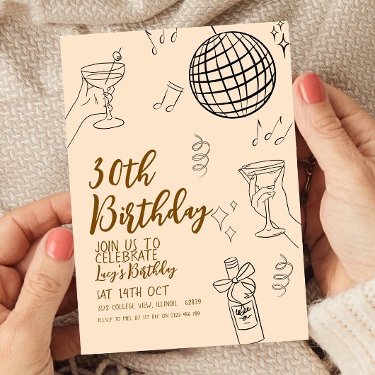30歳の誕生日パーティーのディスコボールとカクテル 招待状