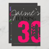 30歳の誕生日パーティーの招待ネオンとグレー 招待状 (正面/裏面)