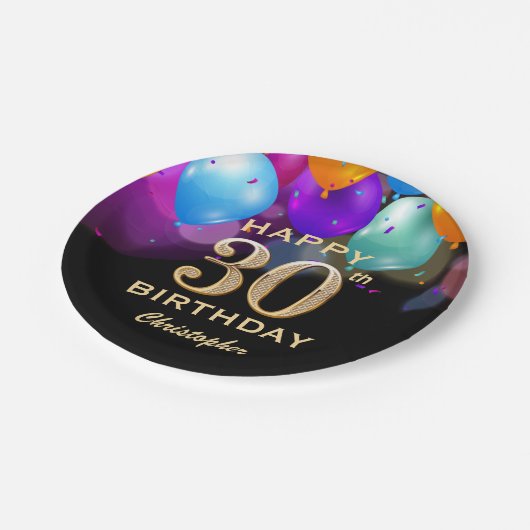30歳の誕生日パーティーの黒と金ゴールドの風船 ペーパープレート (アングル)