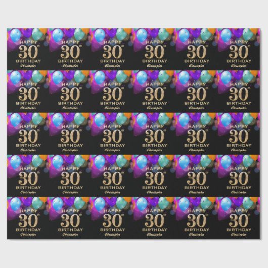 30歳の誕生日パーティーの黒と金ゴールドの風船 ラッピングペーパー (フラット)