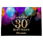 30歳の誕生日パーティーの黒と金ゴールドの風船 ラージペーパーバッグ (正面)