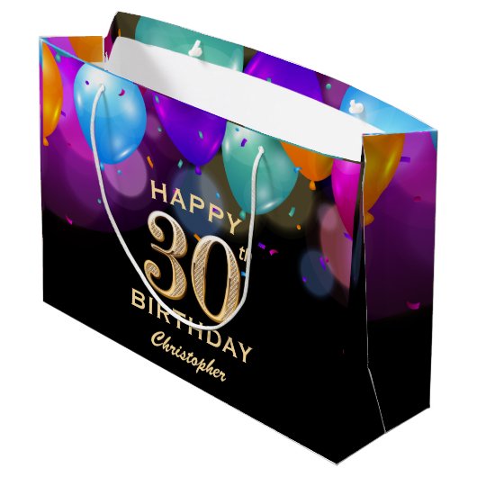 30歳の誕生日パーティーの黒と金ゴールドの風船 ラージペーパーバッグ (裏面アングル)