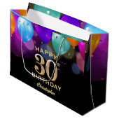 30歳の誕生日パーティーの黒と金ゴールドの風船 ラージペーパーバッグ (正面アングル)