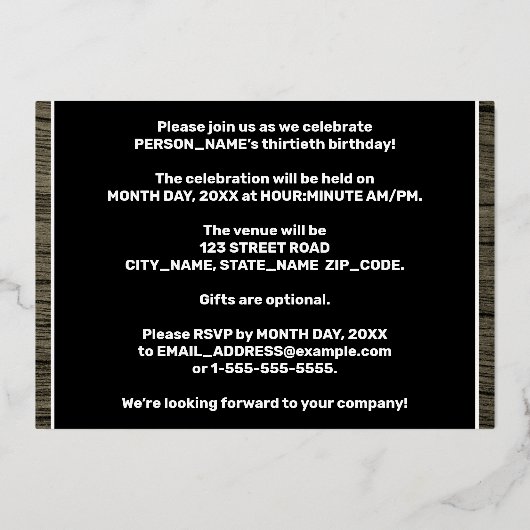 30歳の誕生日パーティーはっきりした:, フェイク Wood Grain Pattern 箔招待状 (裏面)