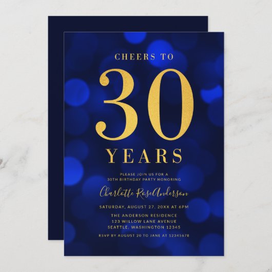 30歳の誕生日パーティーへの青い《写真》ぼけ味金ゴールド応援 招待状 (正面/裏面)