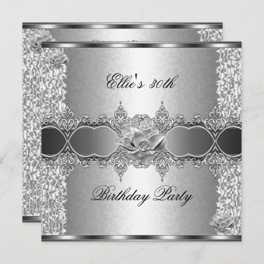 30歳の誕生日パーティーエレガントシルバーフローラジュエル 招待状 (正面/裏面)