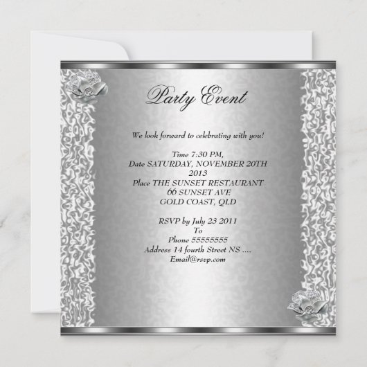 30歳の誕生日パーティーエレガントシルバーフローラジュエル 招待状 (裏面)