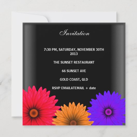 30歳の誕生日パーティーエレガント黒いカラフル花 招待状 (裏面)